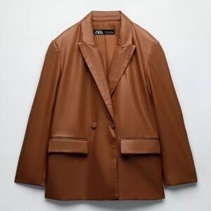 Zara Faux Leather Oversized Blazer Jacket Caramel Brown Double Breasted Women L